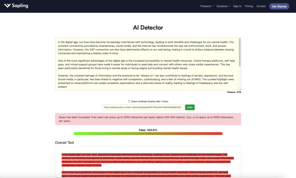 Sapling Detects AI Content